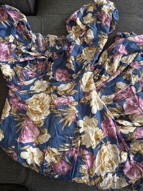 Floral Puff-Sleeve Women's maxi dress in Blue and Pink